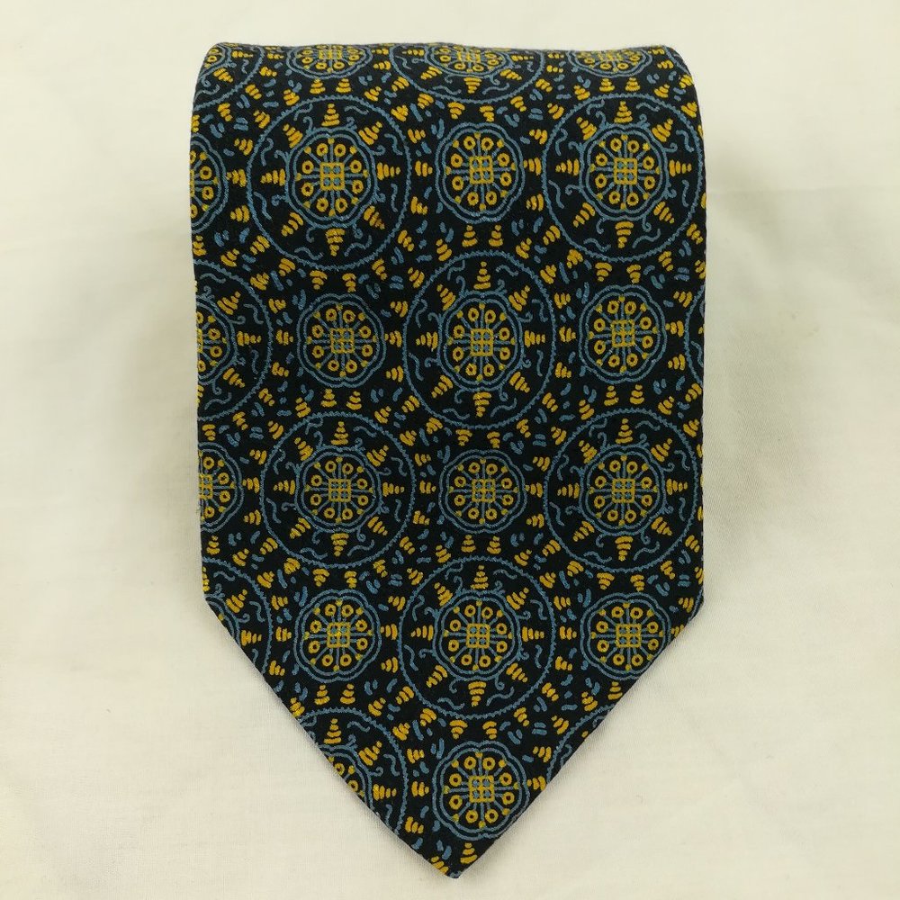 Brioni 100% Silk Gold Chain Blue Gold Floral Neck Tie 57L 3.75W